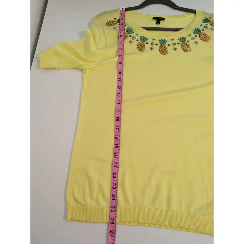 Talbots Sweater Pineapple Beaded Sequins Spring Summer Yellow Novelty Size M